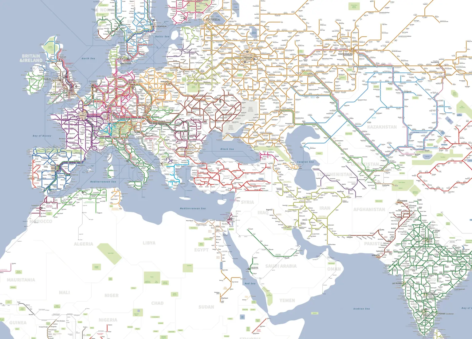 Carte des réseaux ferroviaires européens et asiatiques de l'est